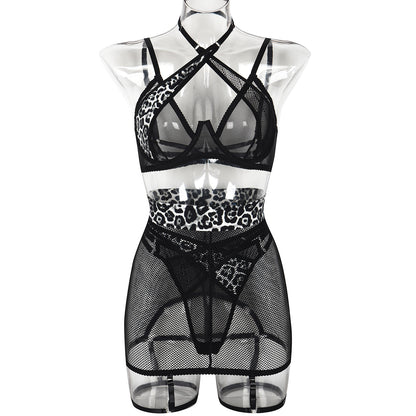 Leopard Cheetah Print Splicing -  Mesh Hollow-Out Cut-Out Halter-Cross Fishnet Three-Piece Set (7517838147672)