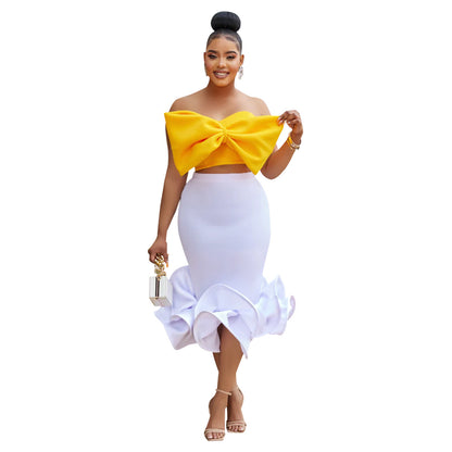 Sleeveless Bow Tube-Top & 3D Hip Skirt Two-Piece Set (7524278042712)