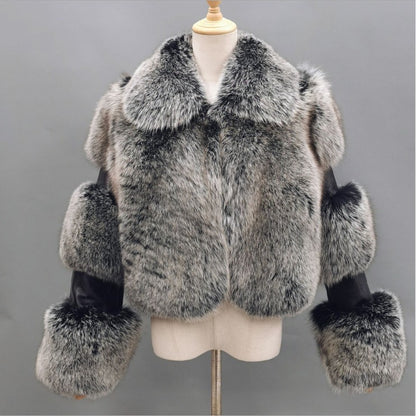 Patchwork Collared Haining Faux Fur Coat