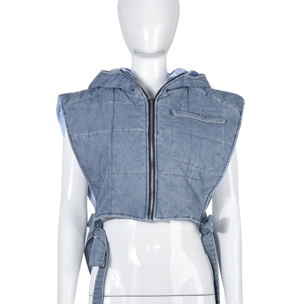 Denim Quilt - Denim Quilted Hooded Sleeveless Bow-Knot Vest Coat (7519157813336)