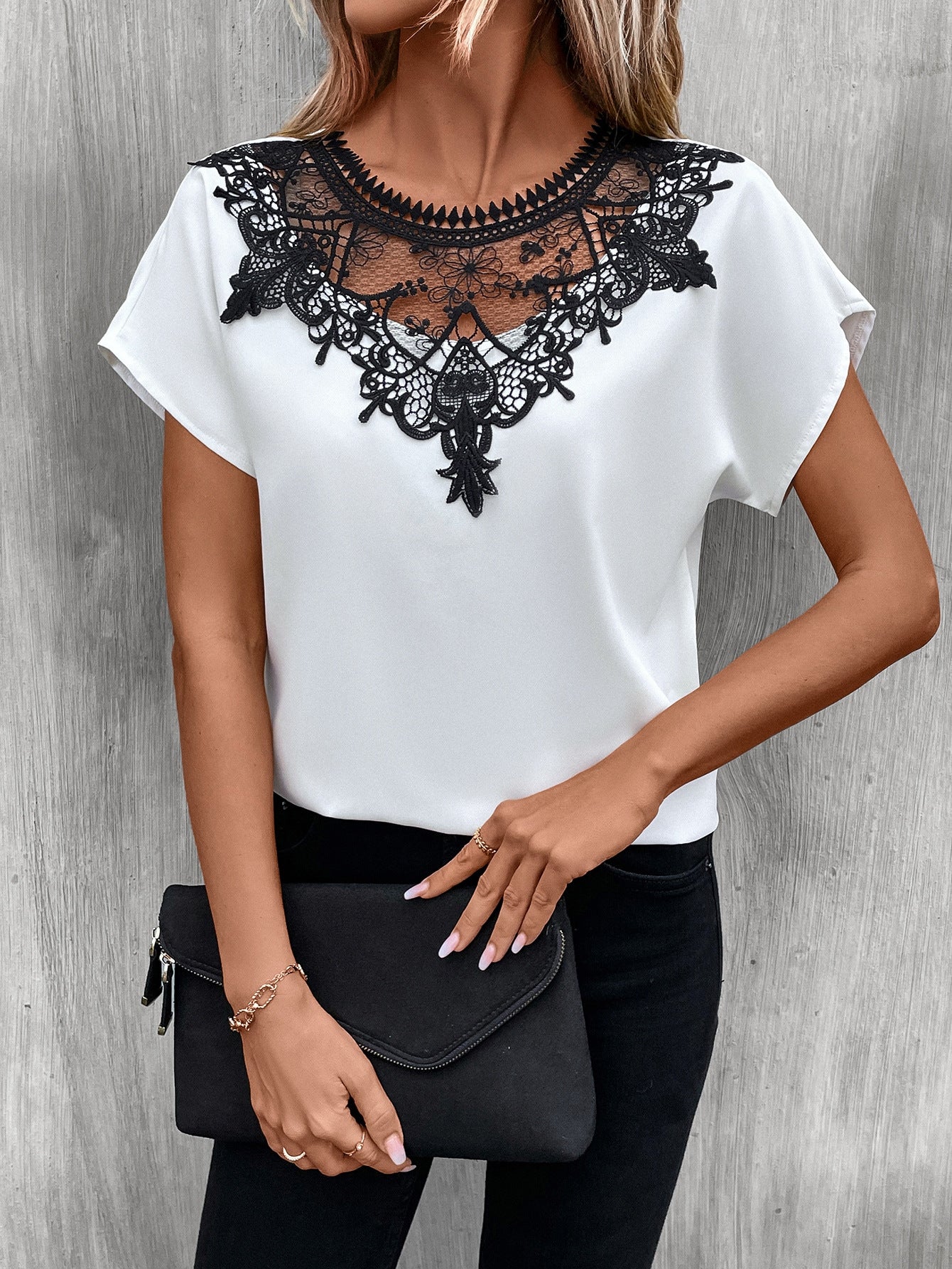 Patchwork - Round Neck Shirt Short-Sleeved Lace Color-Contrast Top (7518642864216)