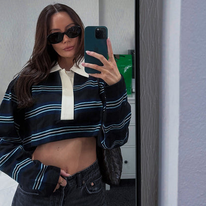 Casual Striped Collared Crop-Top