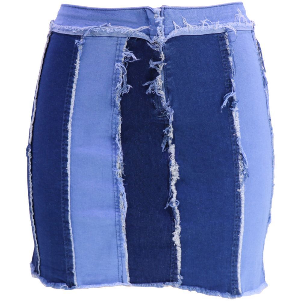 Off-Stitching High-Waist Denim Skirt (7522338275416)