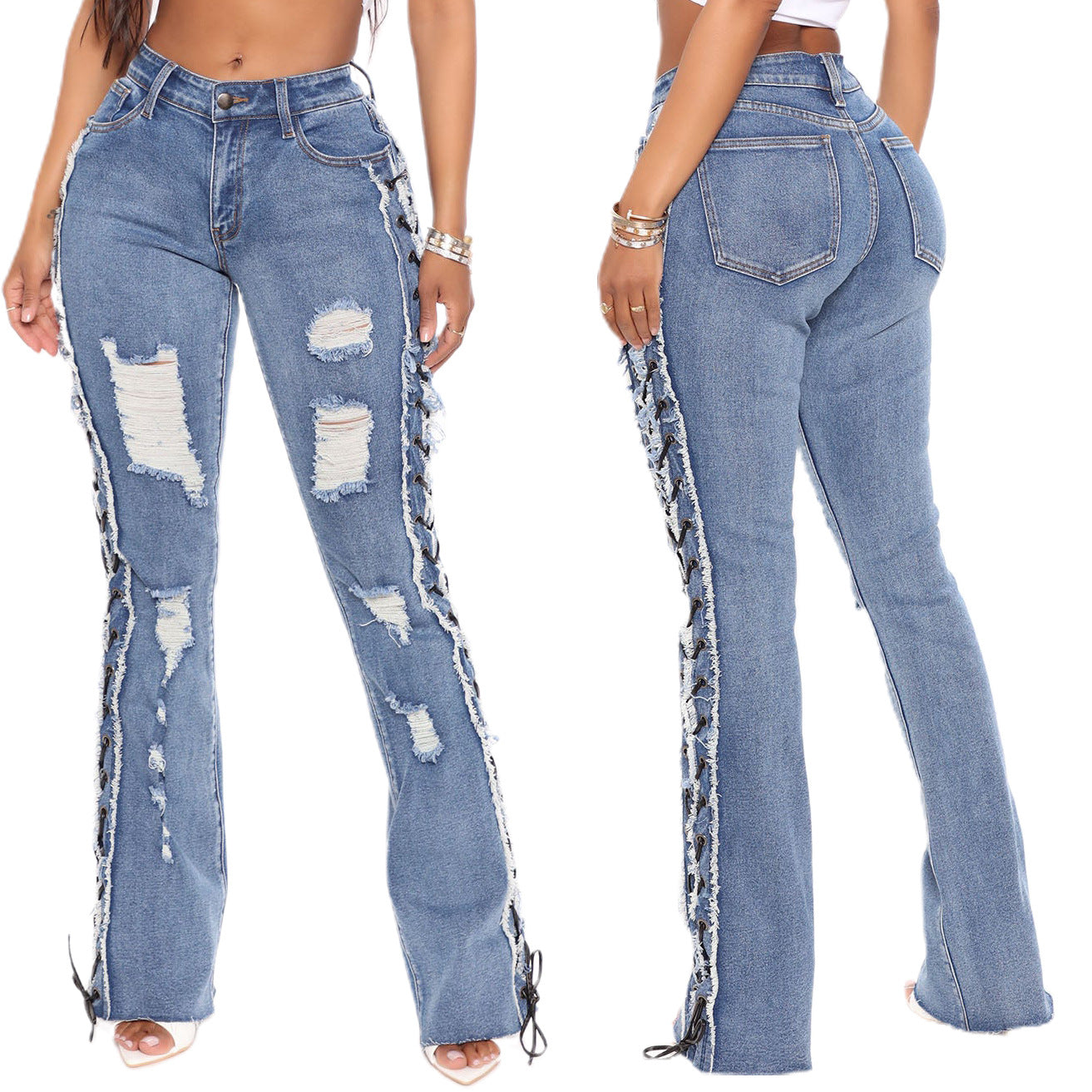 Distressed & Lace-Up Denim Jeans (7524819566680)