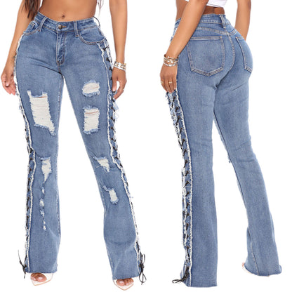 Distressed & Lace-Up Denim Jeans (7524819566680)