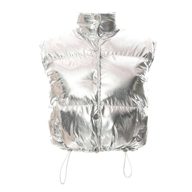 Metallic Stand-Collar Padded Vest Coat (7516521201752)