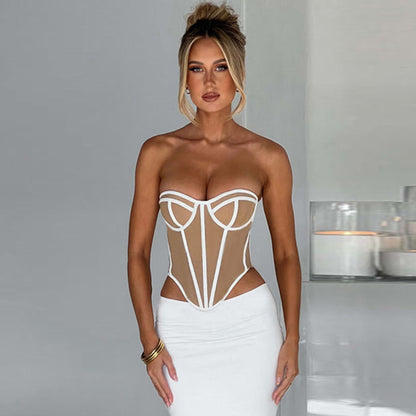 Contrastic - Backless Contrast Color Lines Corset Tube Top Crop-Top (7517959094360)
