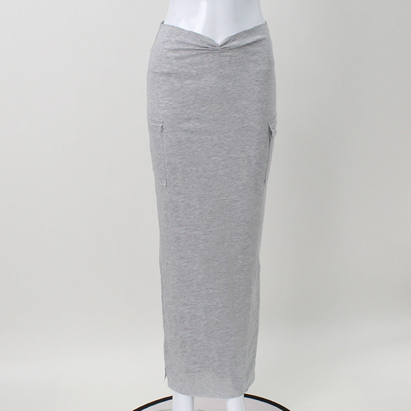 Cropped V-Shaped Solid Color Low-Waist Sheath Pleated Skirt (7524749639768)