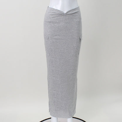 Cropped V-Shaped Solid Color Low-Waist Sheath Pleated Skirt (7524749639768)
