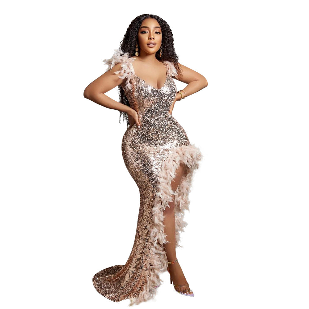 Can-You-Say Backless - Feather Sling High Slit Sequin Backless Dress (7516662562904)