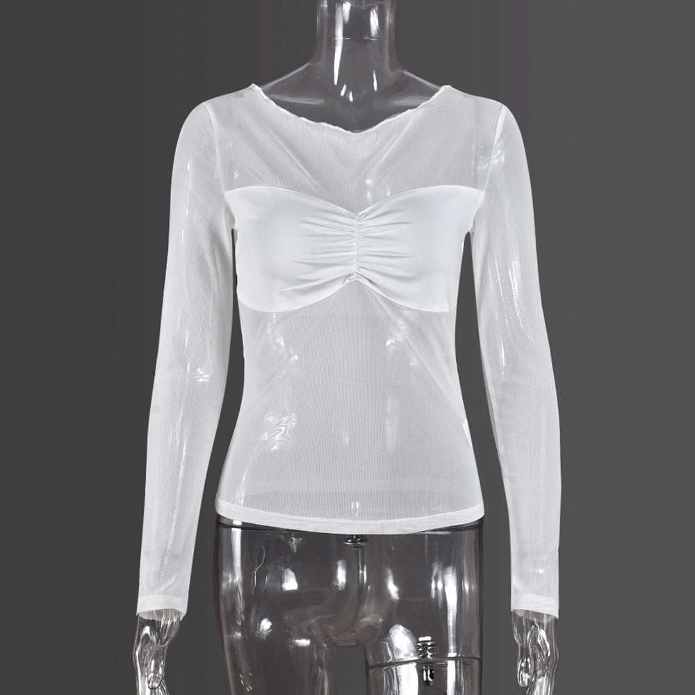 Mesh Fitted T-Shirt Top - Long Sleeves (7518488232024)
