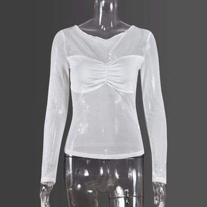 Mesh Fitted T-Shirt Top - Long Sleeves (7518488232024)