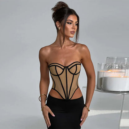 Contrastic - Backless Contrast Color Lines Corset Tube Top Crop-Top (7517959094360)