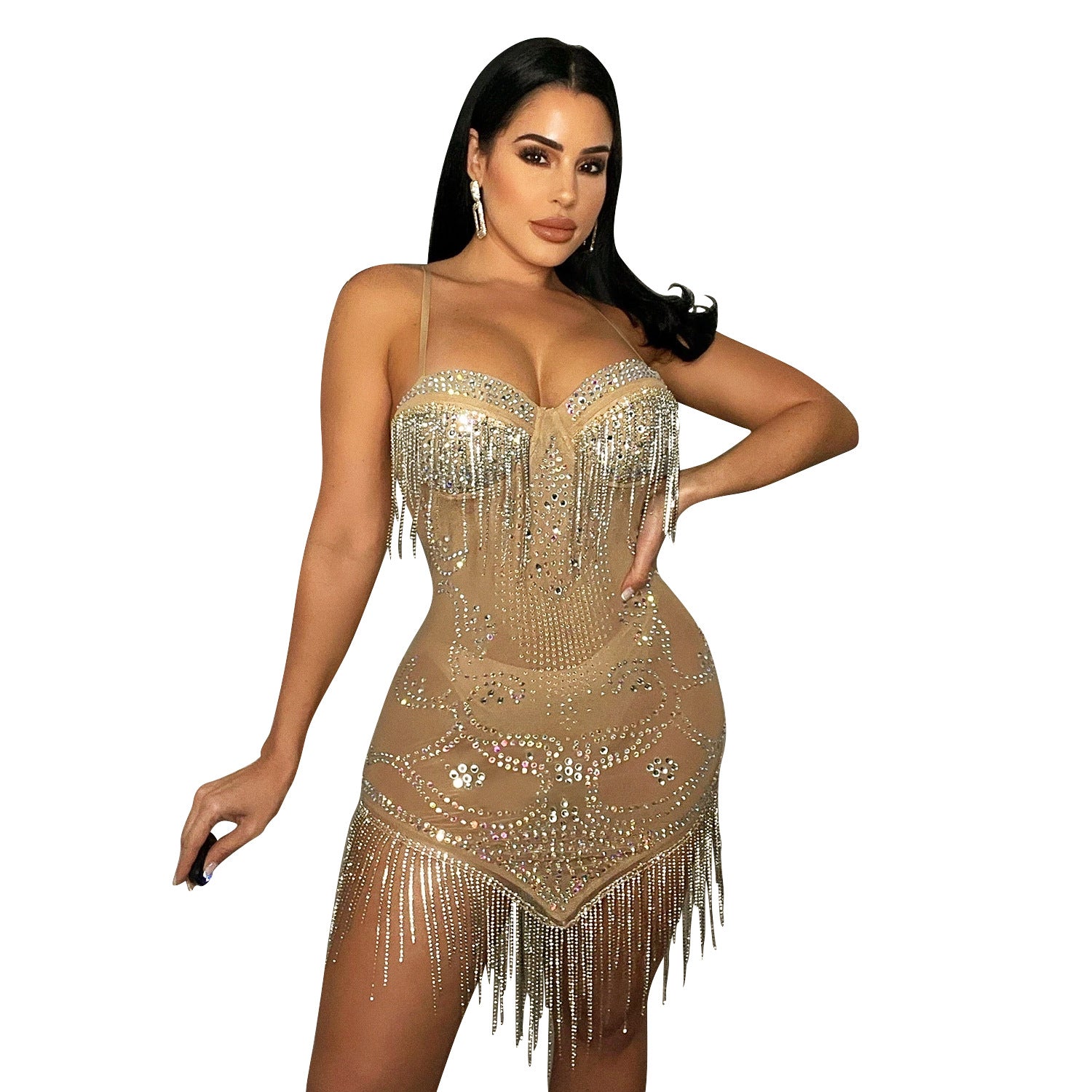 Mesh Rhinestones - Strap Tassel Dress (7516659056728)