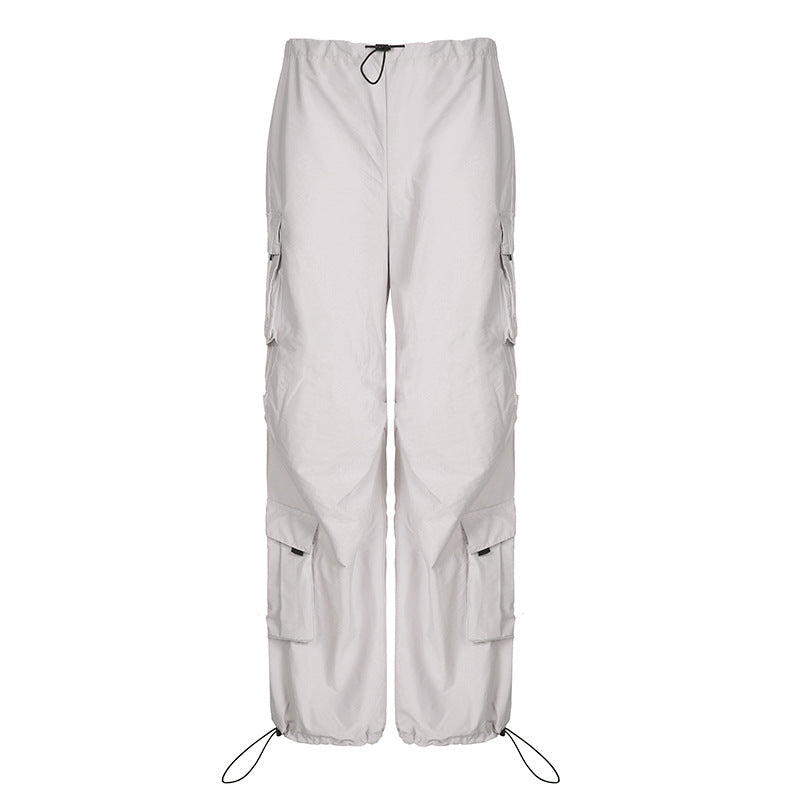 Pocket Patchwork Cargo Pants Low-Waist Drawstrings Ankle-Tied Wide Leg Pants (7524754227288)