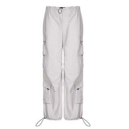 Pocket Patchwork Cargo Pants Low-Waist Drawstrings Ankle-Tied Wide Leg Pants (7524754227288)