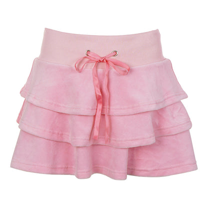 Solid Color Velvet Stitching Drawstrings Hooded Sweater & High-Waist Ruffle Skirt Two-Piece Set (7524302127192)