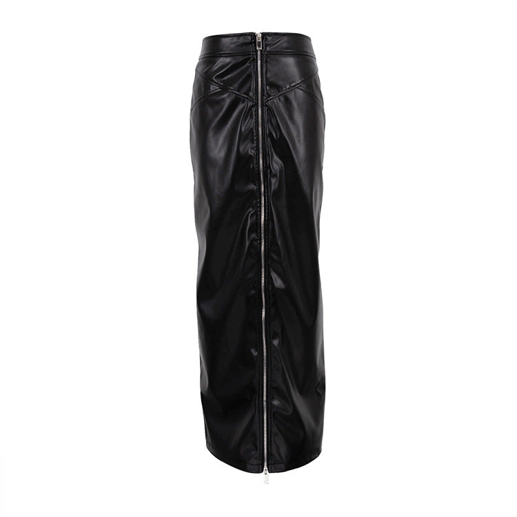 Sheath High-Waist Zipper Split Black Leather Skirt