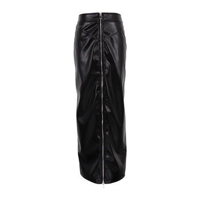 Sheath High-Waist Zipper Split Black Leather Skirt