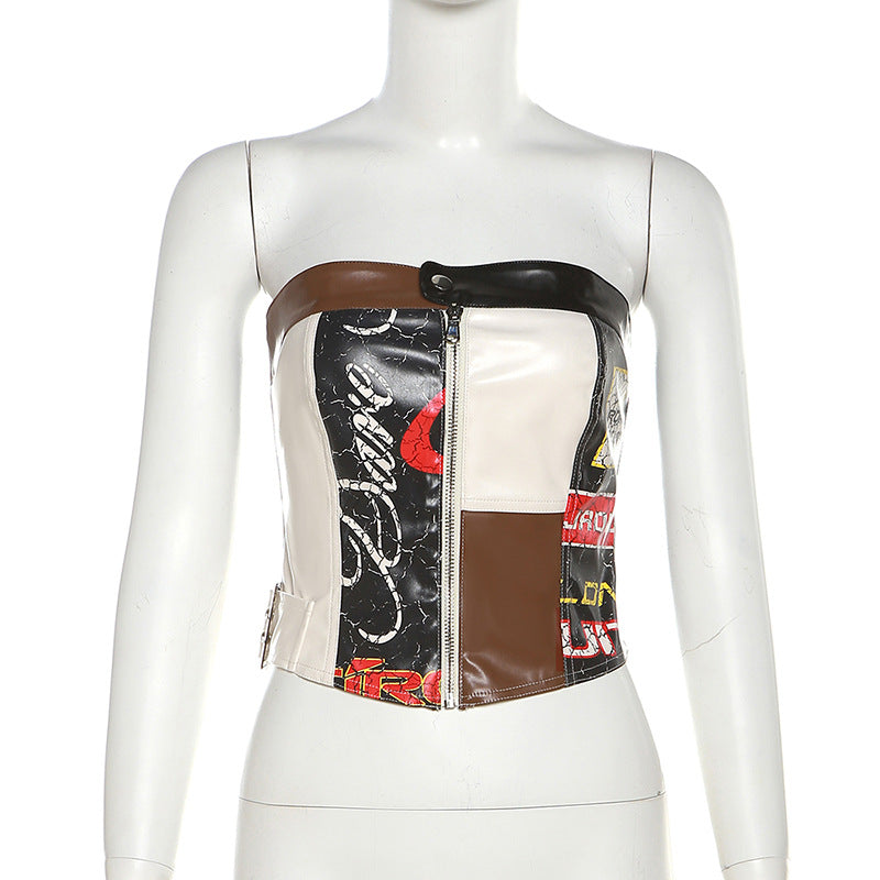 Retro Printed Off-Neck Slim Zipper Vest Tube Top (7517936320600)