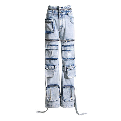 Niche Patchwork Pockets High-Waist Straight Leg Denim Jeans