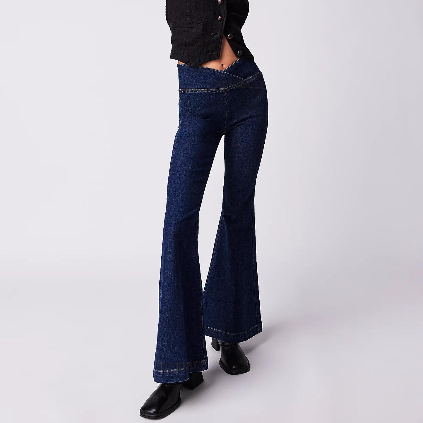 Asymmetrical Slim-Flare High-Waist Denim Jeans