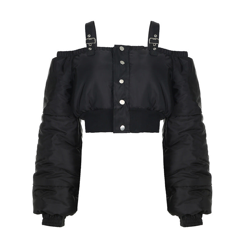 Jacket So Comfy - Adjustable Shoulder Straps Off Neck Puff Sleeve Waist Trimming Short Cotton Padded Jacket (7516641329240)