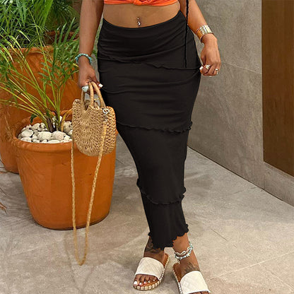 Solid Color Mesh Slim-Fit High-Waist Skirt