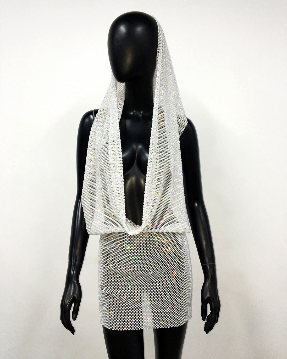 Halter-Hooded Micro Net Dress - Rhinestones (7516660334680)