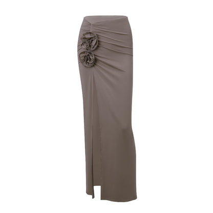 French Floral Pleated Side Slit High-Waist Skirt (7524821041240)