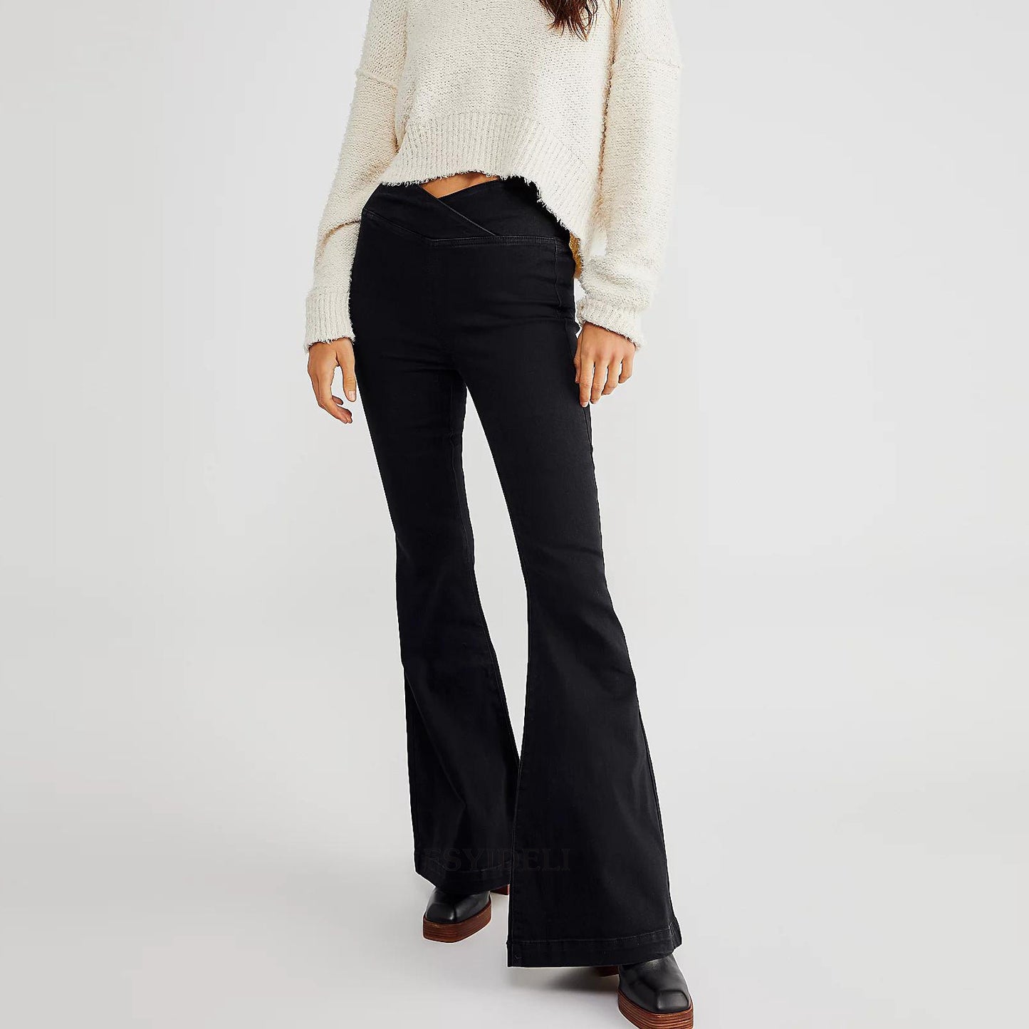 Asymmetrical Slim-Flare High-Waist Denim Jeans