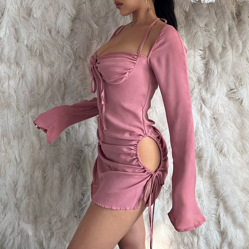 Solid Color Lace-Up Hollow-Out Tube-Top Mini Dress