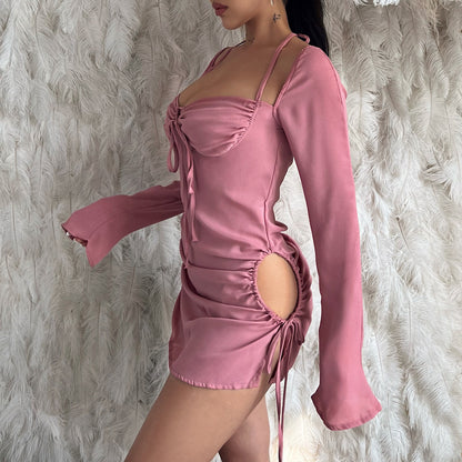 Solid Color Lace-Up Hollow-Out Tube-Top Mini Dress