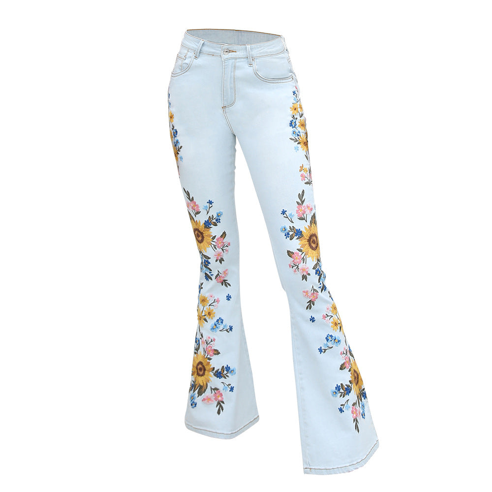 Embroidery Flared Denim Jeans