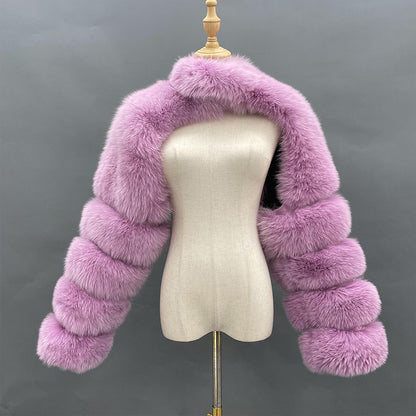 Crop-Top Long Sleeves Spliced Fur Coat