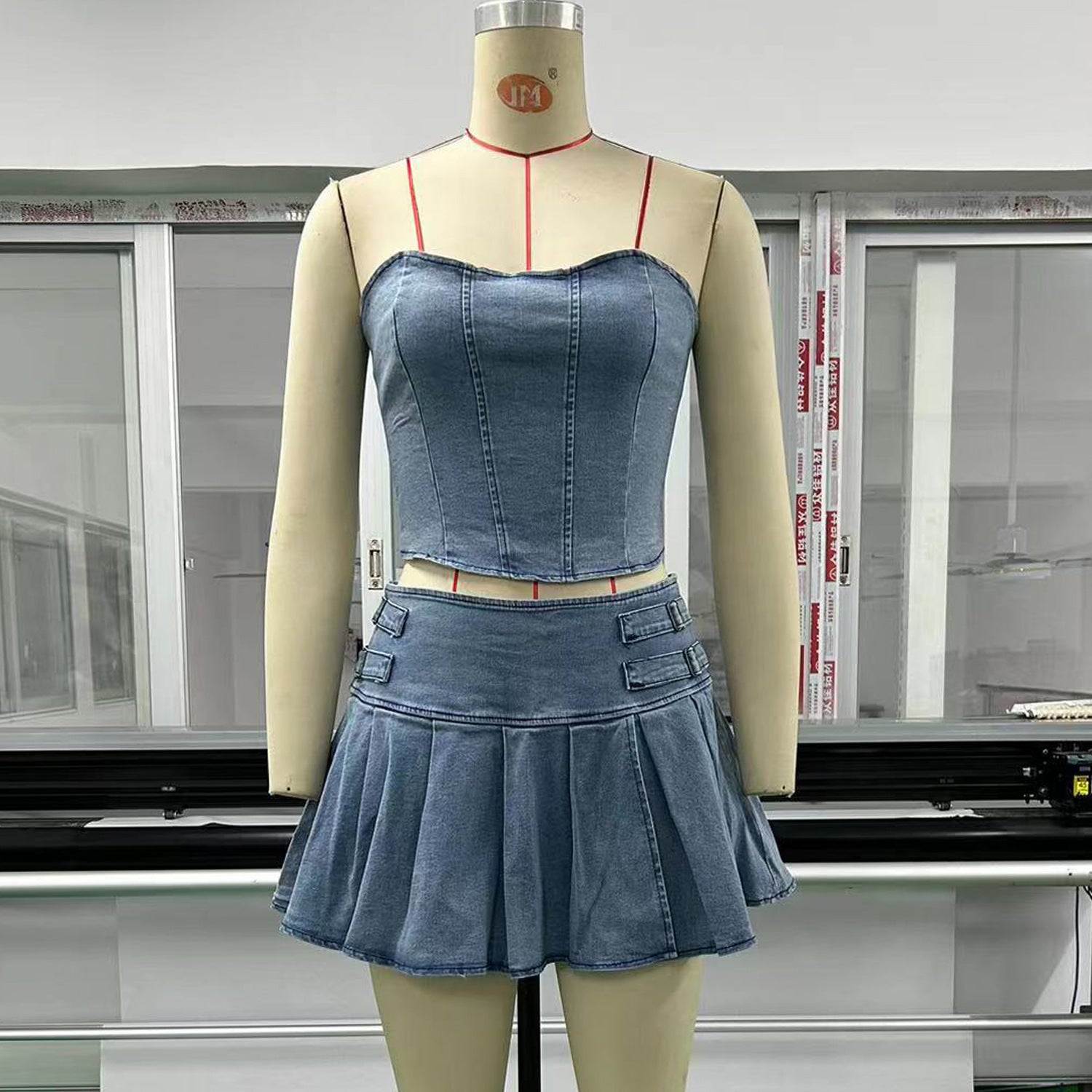 Denim With Me - Denim Tube Top & High-Waist Split Skirt Set (7519198019672)