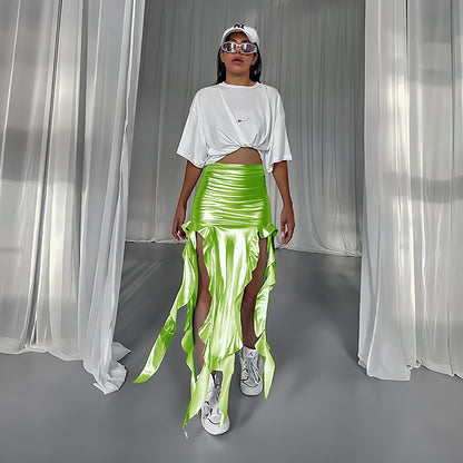 Faux-Leather Ribbon Tassel Micro Elastic Metallic Coated Fishtail Asymmetrical Skirt