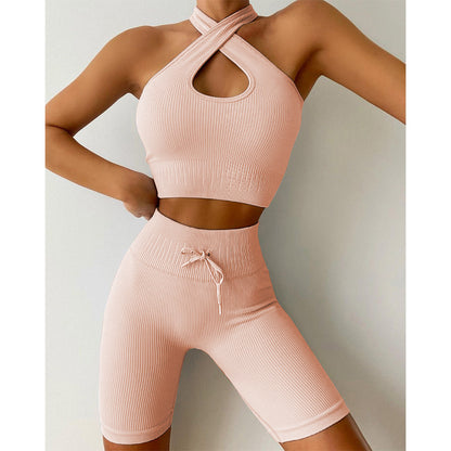 Cross-Halter - Bra & Piano Line Drawstrings Shorts Set (7516865396824)