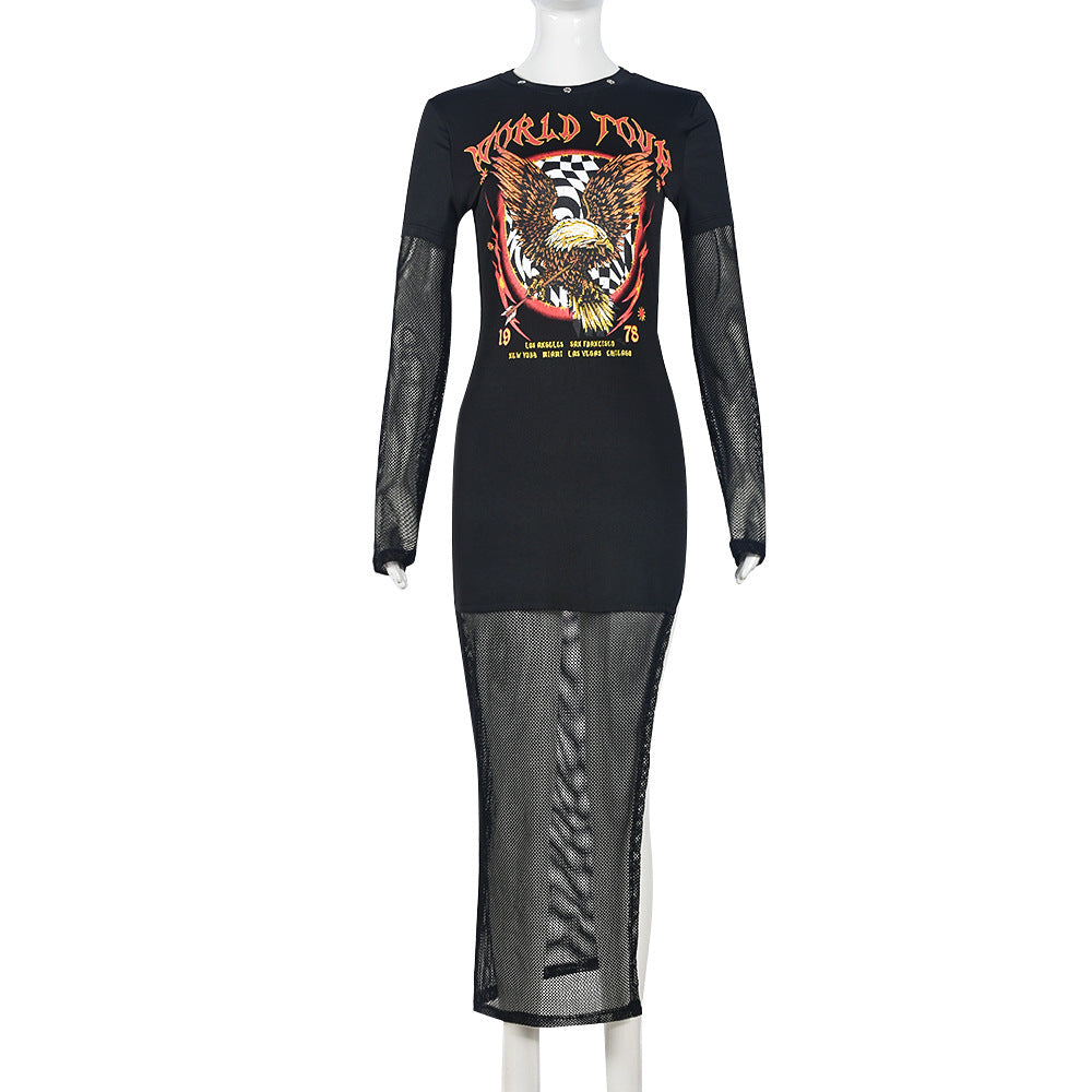 WORLD TOUR Round-Neck Long Sleeves Mesh Hollow Out Cut-Out Dress (7516661809240)