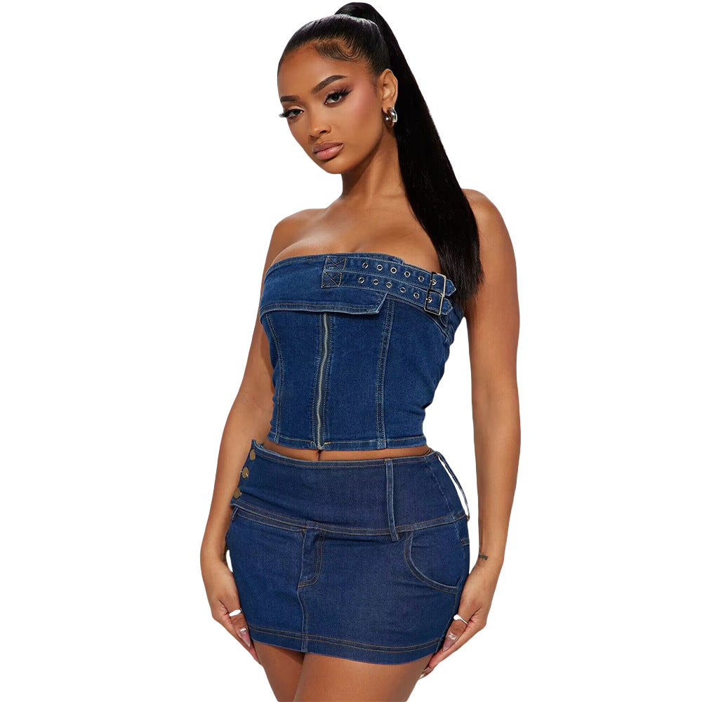 Strapless Tube Top - Buckle Stretch & Stretchy Denim Skirt Set (7522342174808)