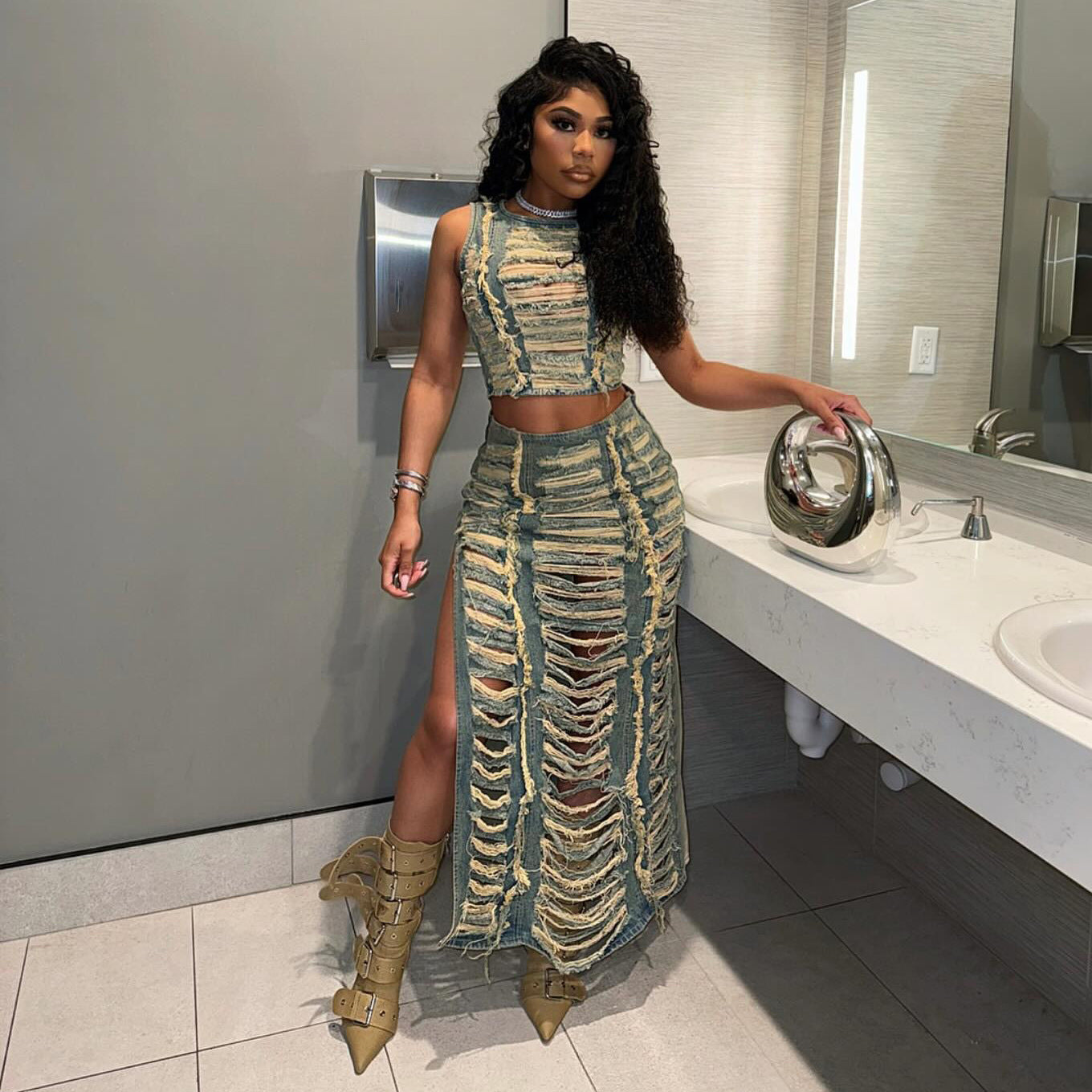 Denim Vest High-Slit Skirt Set