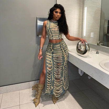 Denim Vest High-Slit Skirt Set