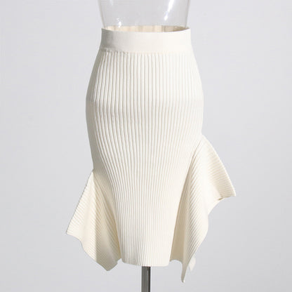 Solid Color Asymmetrical Stitching Knitted Sheath Fishtail Skirt