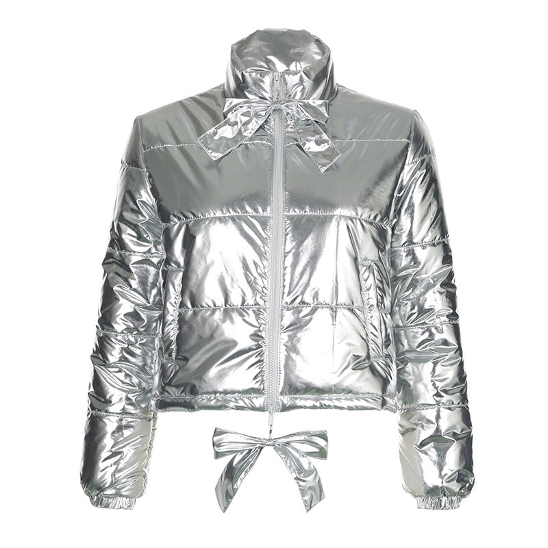 Winter Metallic Coated Fabric Thicken Thermal Puffer Jacket Coat Glossy Stand up Collar Bowknot Decorative Zipper Slim Fit Cotton Padded Jacket (7525012865112)