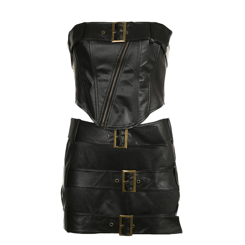 Metallic Motorcycle Belt Adjustable Asymmetric Zipper Corset & Skirt Two-Piece Set (7524302225496)