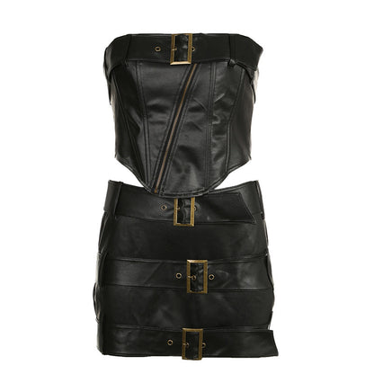 Metallic Motorcycle Belt Adjustable Asymmetric Zipper Corset & Skirt Two-Piece Set (7524302225496)