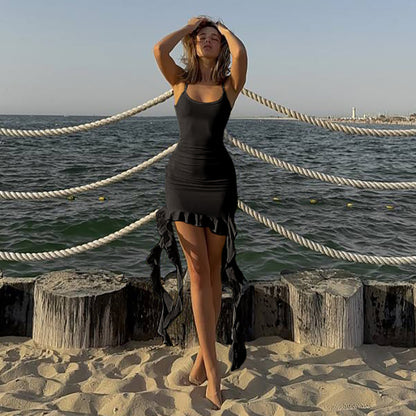 Solid Color U-Neck Backless Sling Dress