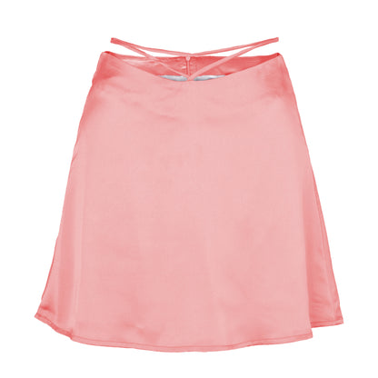 Solid Color Lace-Up Zip Satin Skirt
