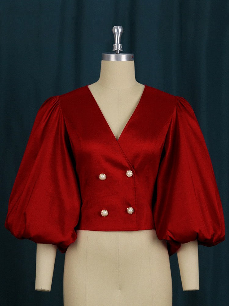 Professional Buttons - Button Cardigan Lantern Sleeve V-Neck Slim-Fit Shirt Top (7518642569304)