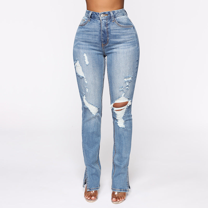 Distressed-Washed & High-Waist Stretch Denim Jeans